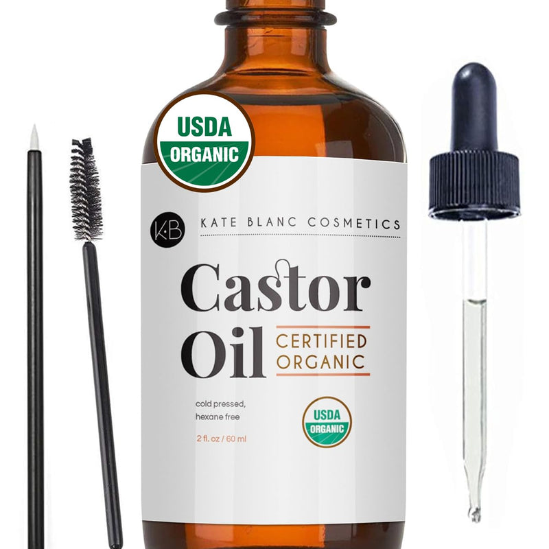 Kate Blanc Cosmetics Castor Oil Organic for Hair, Lashes, Face (2oz), 100% Pure, Cold Pressed, Hexane Free. Eyelash Serum for Thicker-Looking Eyelashes & Eyebrows