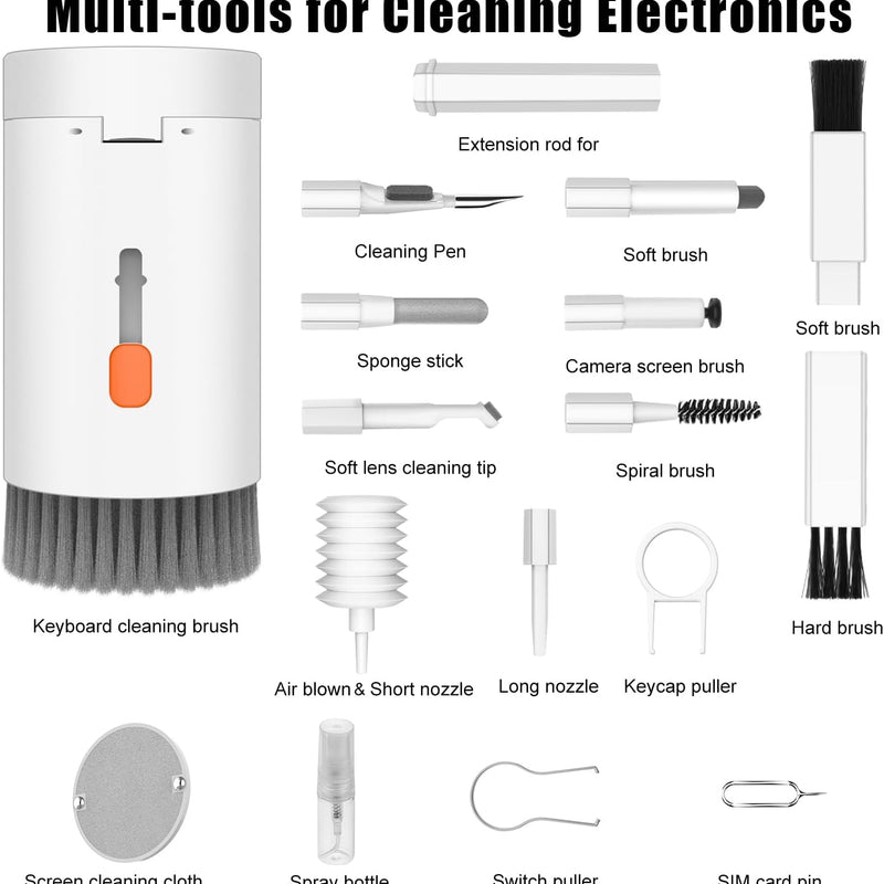 VICHYIE Kit Nettoyage Clavier 20 en 1, avec Brosse de Nettoyage Clavier, Accessoires de Nettoyage pour AirPods 1/2/3 / Pro, Caméra, Ordinateur, Téléphone, Gadget de Nettoyage PC (Blanc)