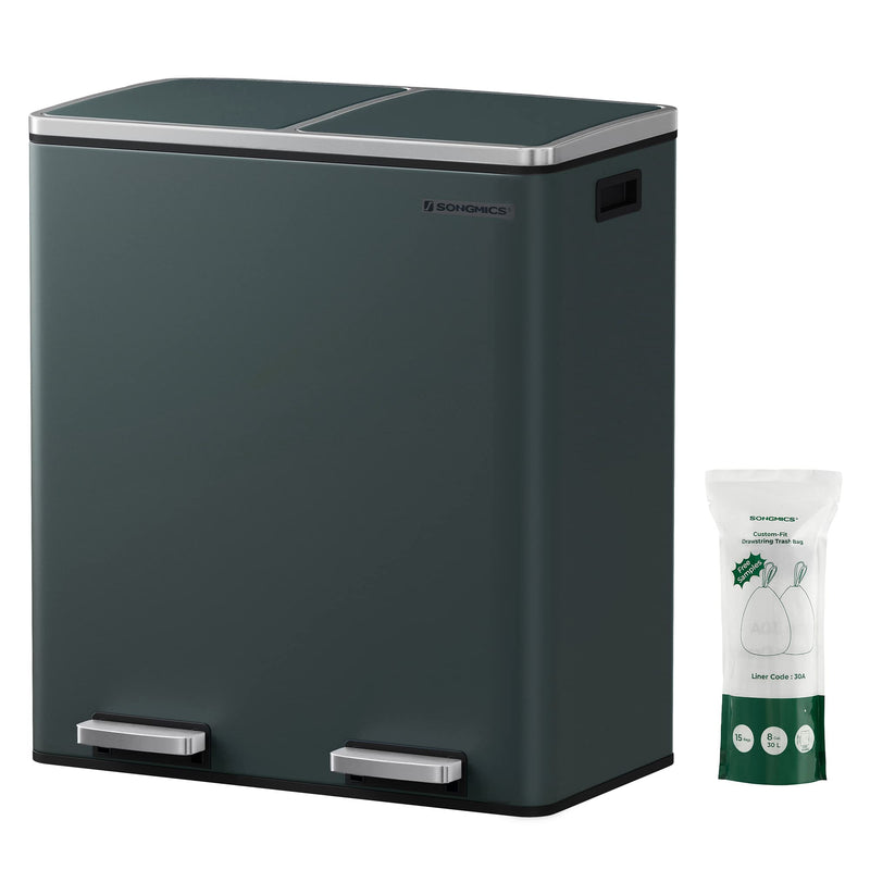 SONGMICS Poubelle à Double Compartiment 2 x 30L, avec 15 Sacs Poubelles, Pédales en Métal, 2 Seaux Intérieurs en Plastique, Couvercles, Poignées, Fermeture en Douceur, Argent et Noir LTB60NL
