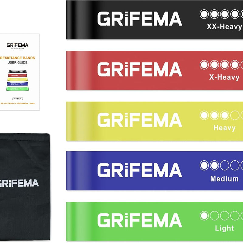 GRIFEMA GA5001, 5 Bandes Élastiques de Musculation, 5 Niveaux de Résistance pour la Musculation, Le Pilates, Le Yoga et Plus Encore, Vert-Bleu-Jaune-Rose-Noir