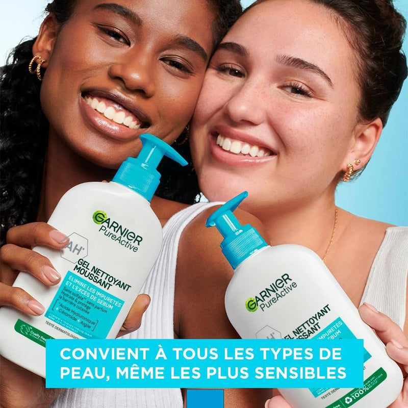 Garnier Pure Active - Foaming Cleansing Gel - Purifies, Moisturizes & Removes Impurities - Hyaluronic Acid, Ceramide, Clay - Vegan & Cruelty Free - All Skin Types - 250 ml