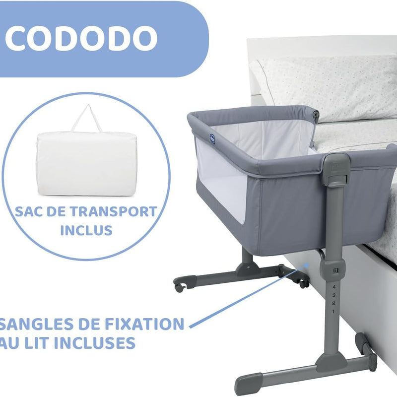 Chicco Next2Me Essential Cododo Stone Baby Cot with Mattress, Folding Side, Adjustable Height, Mesh Window, Wheels and Travel Bag – 0-6 Months, 9 kg