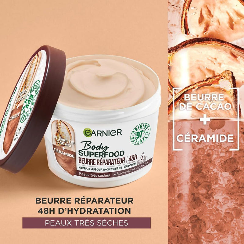 Garnier - Body Superfood - Repair Body Cream - 48H Hydration - Vegan & 97% Natural Formula - Cocoa Butter & Ceramide - For Dry Skin - 380ml