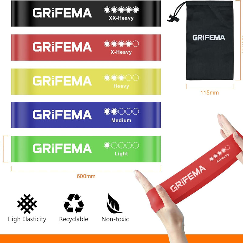 GRIFEMA GA5001, 5 Bandes Élastiques de Musculation, 5 Niveaux de Résistance pour la Musculation, Le Pilates, Le Yoga et Plus Encore, Vert-Bleu-Jaune-Rose-Noir