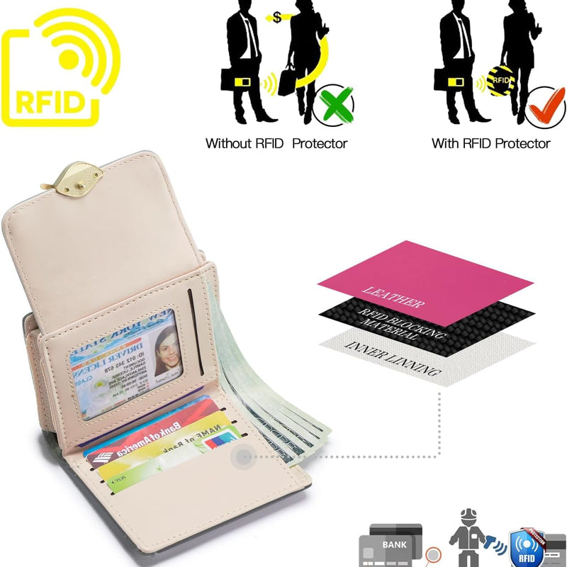 Roulens Women Wallet PU Leather RFID Blocking Coin Purse Leaf Snap Button Wallet