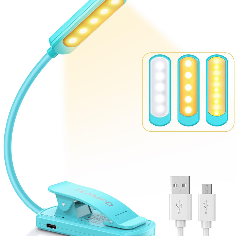 TEAMPD Lampe de Lecture,10 LEDs Liseuse Lampe Clip USB Rechargeable, 360°Cou Flexible, 3 Couleur & 100%-10% à Intensité Variable, Mini Veilleuse pour Lire au Lit,Enfant,Kindle,Voyage,Camping