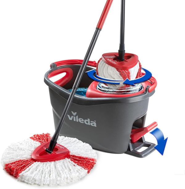 Vileda Turbo Broom with Pedal Bucket, Telescopic Handle 85-130 cm, Mop with Rotary Spinner, Microfibre Fringes 2-in-1, Broom and Pedal Bucket Grey