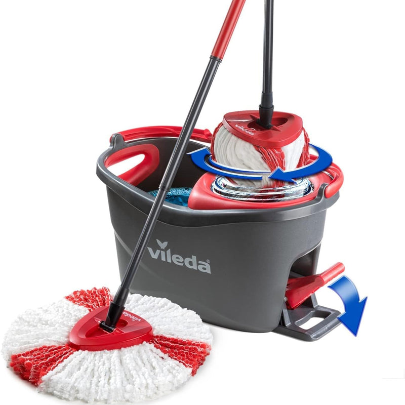 Vileda Turbo Broom with Pedal Bucket, Telescopic Handle 85-130 cm, Mop with Rotary Spinner, Microfibre Fringes 2-in-1, Broom and Pedal Bucket Grey