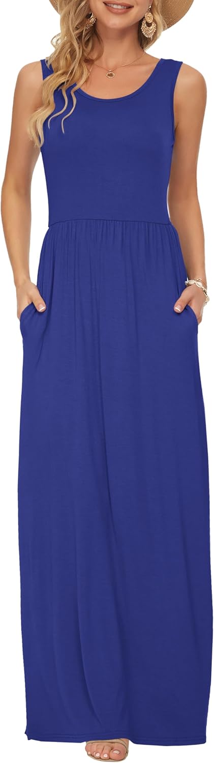 AUSELILY Robe Longue d'été Unie sans Manches pour Femmes en Vrac Robe Longue Décontractée avec Poches