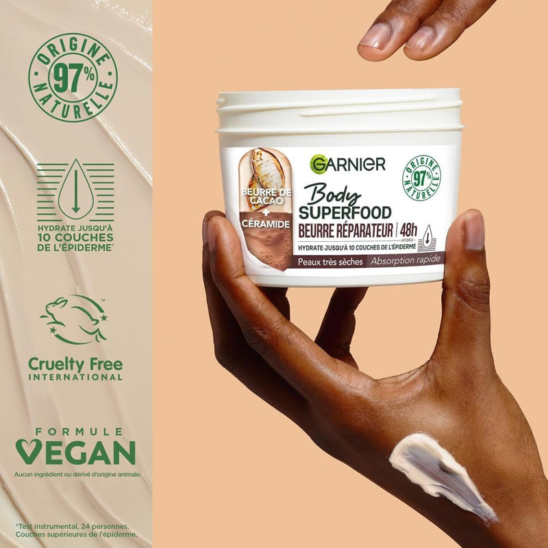 Garnier - Body Superfood - Repair Body Cream - 48H Hydration - Vegan & 97% Natural Formula - Cocoa Butter & Ceramide - For Dry Skin - 380ml
