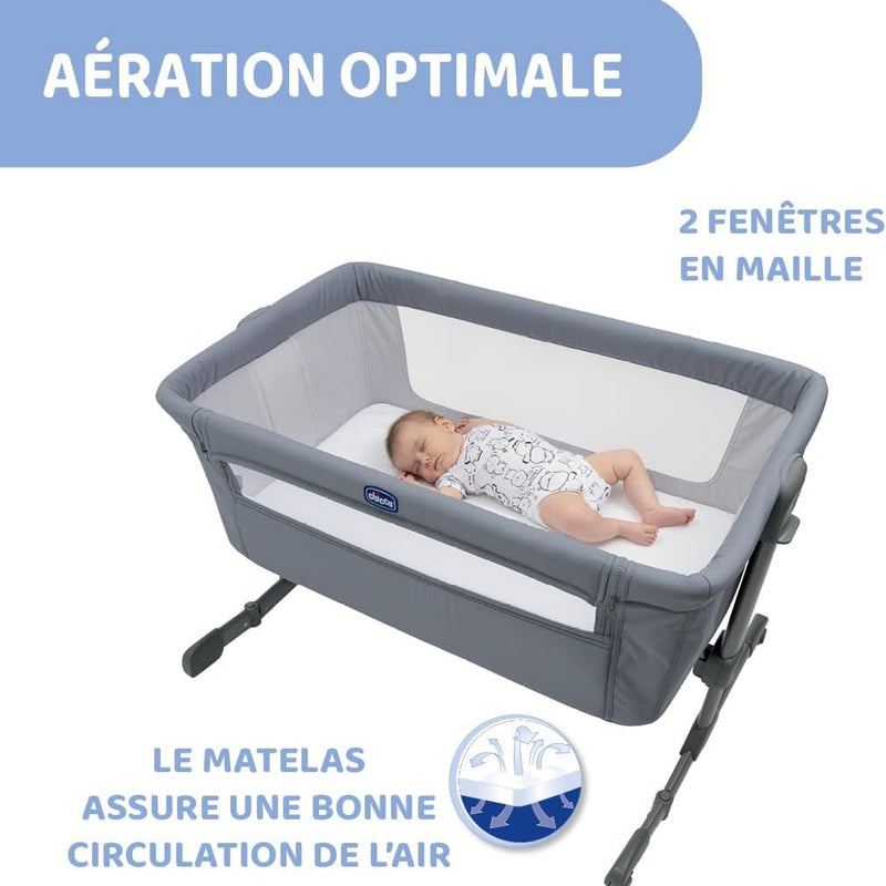 Chicco Next2Me Essential Cododo Stone Baby Cot with Mattress, Folding Side, Adjustable Height, Mesh Window, Wheels and Travel Bag – 0-6 Months, 9 kg