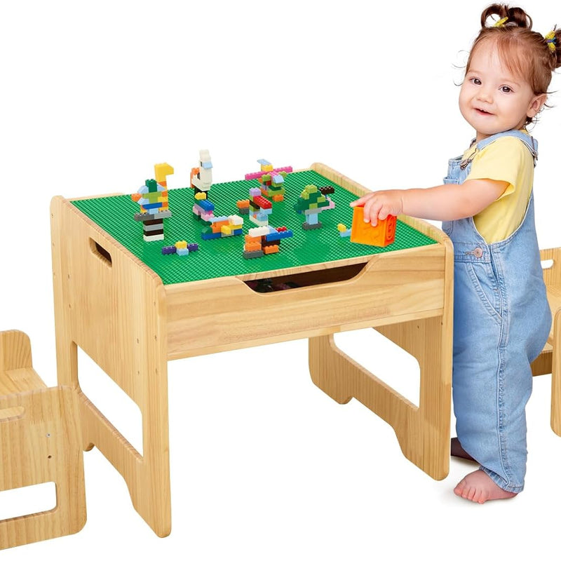 FUNLIO 2-in-1 Activity Table and 2 Chairs Solid Wood for Children 3+, Height Adjustable Game Table with 450 Blocks and Storage, Table and Chairs for Playing/Learning, CPC and CE Certified