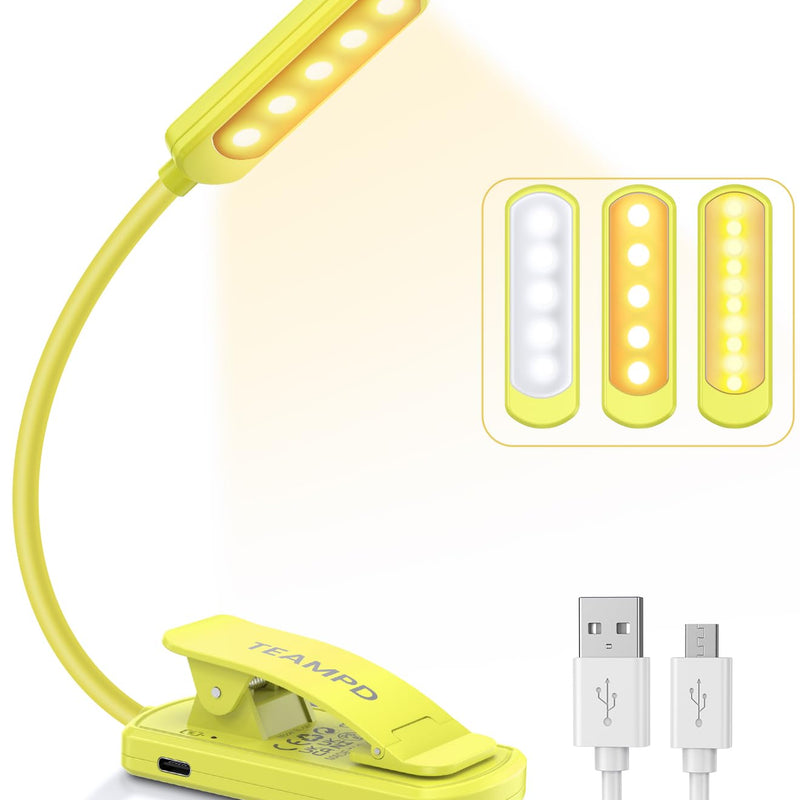 TEAMPD Lampe de Lecture,10 LEDs Liseuse Lampe Clip USB Rechargeable, 360°Cou Flexible, 3 Couleur & 100%-10% à Intensité Variable, Mini Veilleuse pour Lire au Lit,Enfant,Kindle,Voyage,Camping
