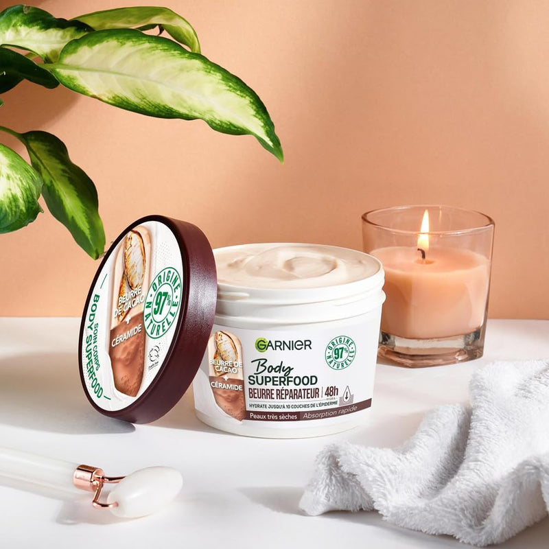 Garnier - Body Superfood - Repair Body Cream - 48H Hydration - Vegan & 97% Natural Formula - Cocoa Butter & Ceramide - For Dry Skin - 380ml