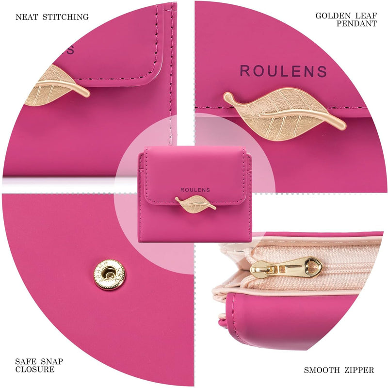 Roulens Women Wallet PU Leather RFID Blocking Coin Purse Leaf Snap Button Wallet