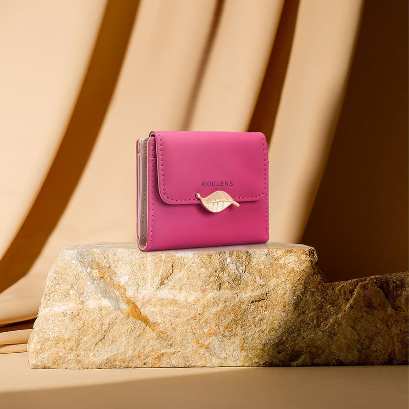 Roulens Women Wallet PU Leather RFID Blocking Coin Purse Leaf Snap Button Wallet