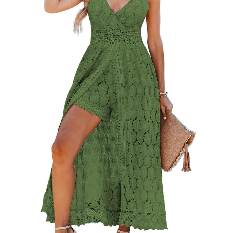 CUPSHE été Femmes Slip froncé Smocks Combinaison Robe col en V Bretelles Speghetti Dos Nu Maxi Haut Bas