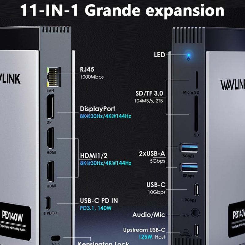 WAVLINK Station d'accueil pour Ordinateur Portable Triple Affichage (Single 8K/Dual 4K), Dock USB C 125W PD3.1 Pass-Through, 2*HDMI, DP, Ethernet, SD/TF, pour Windows, Macbook M1/M2/M3/M4