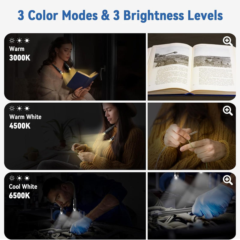 Diboniur Lampe de Lecture de Cou, Lampe lecture Rechargeable au lit, 3 Couleurs et 3 Niveaux de Luminosité Réglables, Pliable à 360°, Liseuse LED USB pour Voyager, Tricoter, Camping