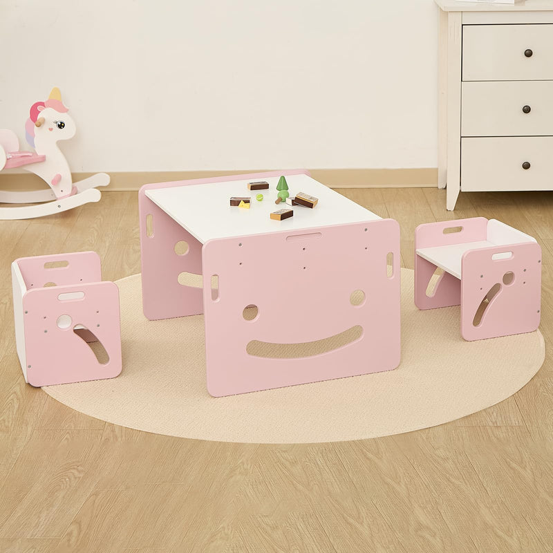 FUNLIO 2-in-1 Activity Table and 2 Chairs Solid Wood for Children 3+, Height Adjustable Game Table with 450 Blocks and Storage, Table and Chairs for Playing/Learning, CPC and CE Certified