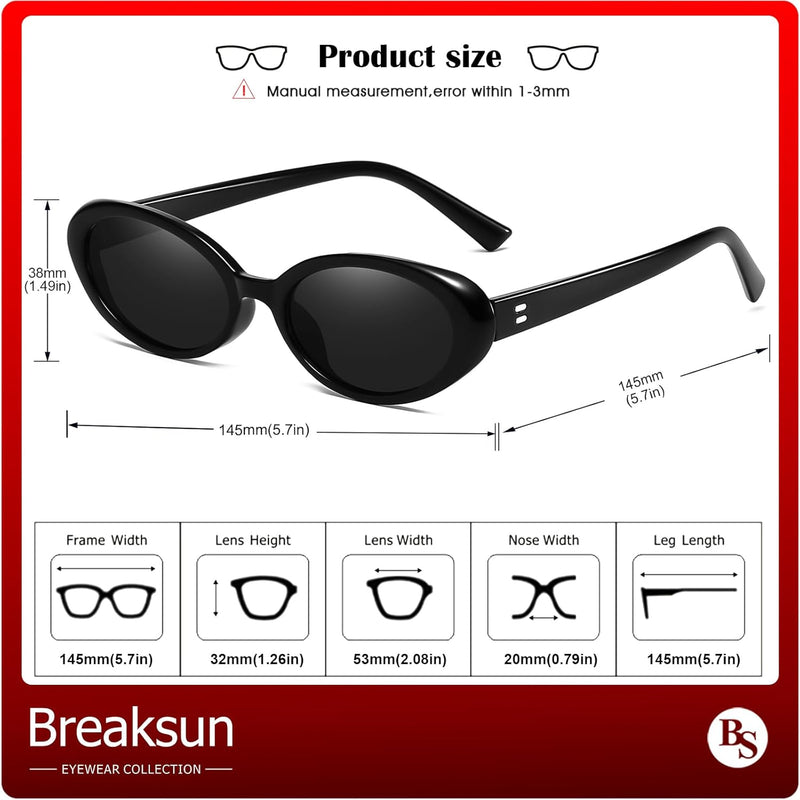 Breaksun Lunettes de soleil ovales rétro pour homme et femme - Petites lunettes de soleil ovales tendance des années 90 - Nuances