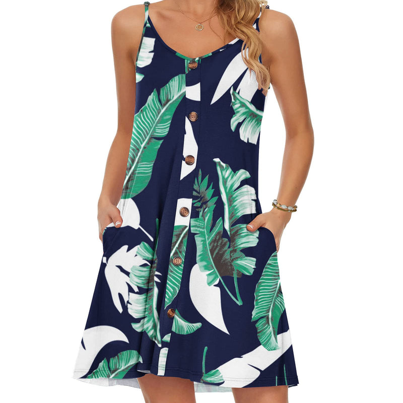 WNEEDU Robe D'été Femme Bretelles Spaghetti de Plage Robes Décontractée Courte Col en V avec Poches