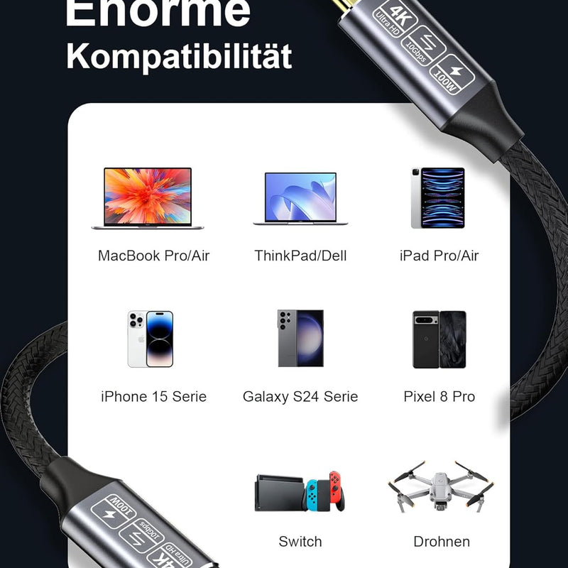 CAKOBLE USB-C to USB-C 3.1 Gen2 Cable 10Gbps Data Transfer, 100W 20V/5A 3.3ft USB Type C PD Fast Charging Cable 4K Video Output Compatible with Thunderbolt 3, MacBook Pro, Galaxy S21 (1M+1M)