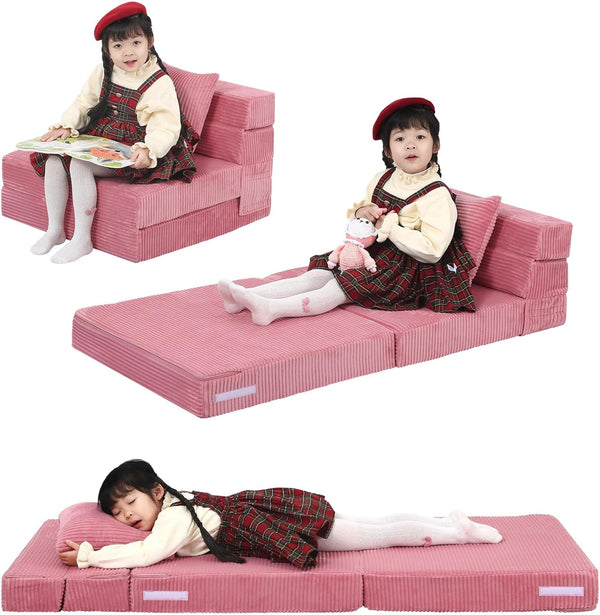 MeMoreCool Sofa Bed Kids Sofa Bed Corduroy Chair Modular Baby Play Sofa Foldable Kids Sofa Futon Floor Mattress Convertible Playroom Pink
