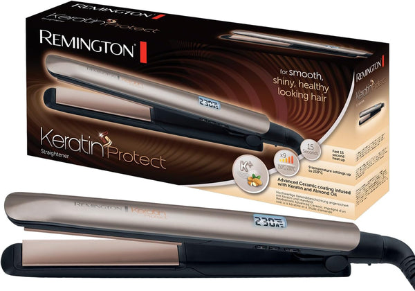 Remington Hair Straightener [Keratin & Almond Oil Care] Protect (Hair Care, Ceramic, LCD Screen, 10 Temperature Settings 150-230°C, Universal Voltage, Pouch) S8540 Straightening Iron