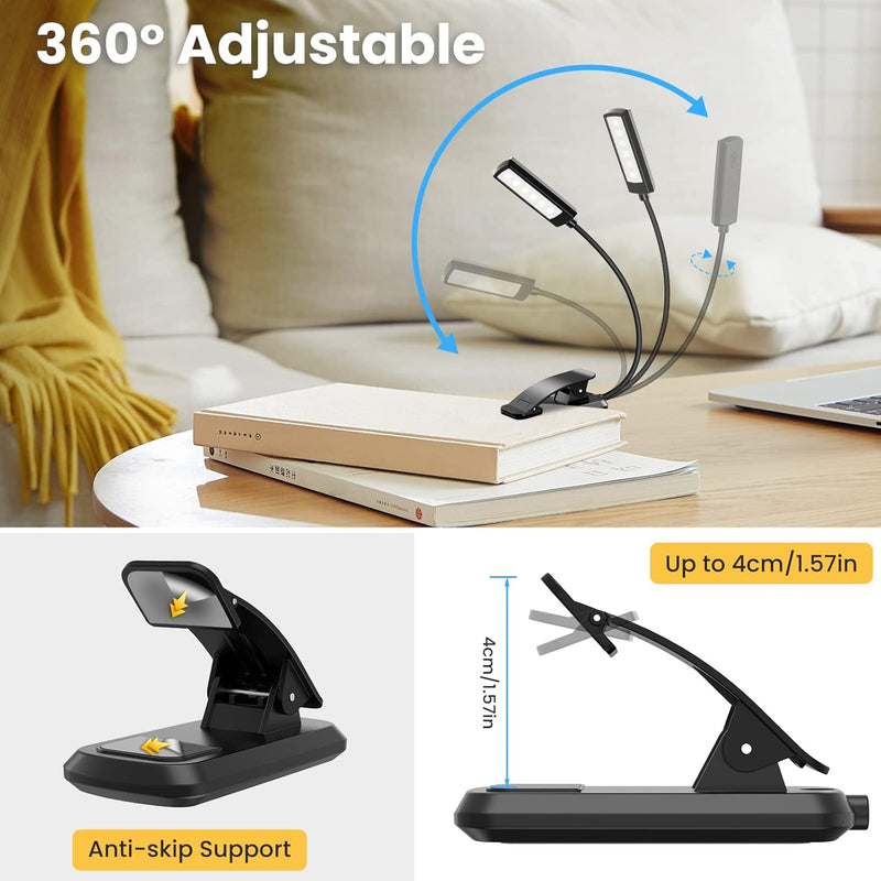 TEAMPD Lampe de Lecture,10 LEDs Liseuse Lampe Clip USB Rechargeable, 360°Cou Flexible, 3 Couleur & 100%-10% à Intensité Variable, Mini Veilleuse pour Lire au Lit,Enfant,Kindle,Voyage,Camping
