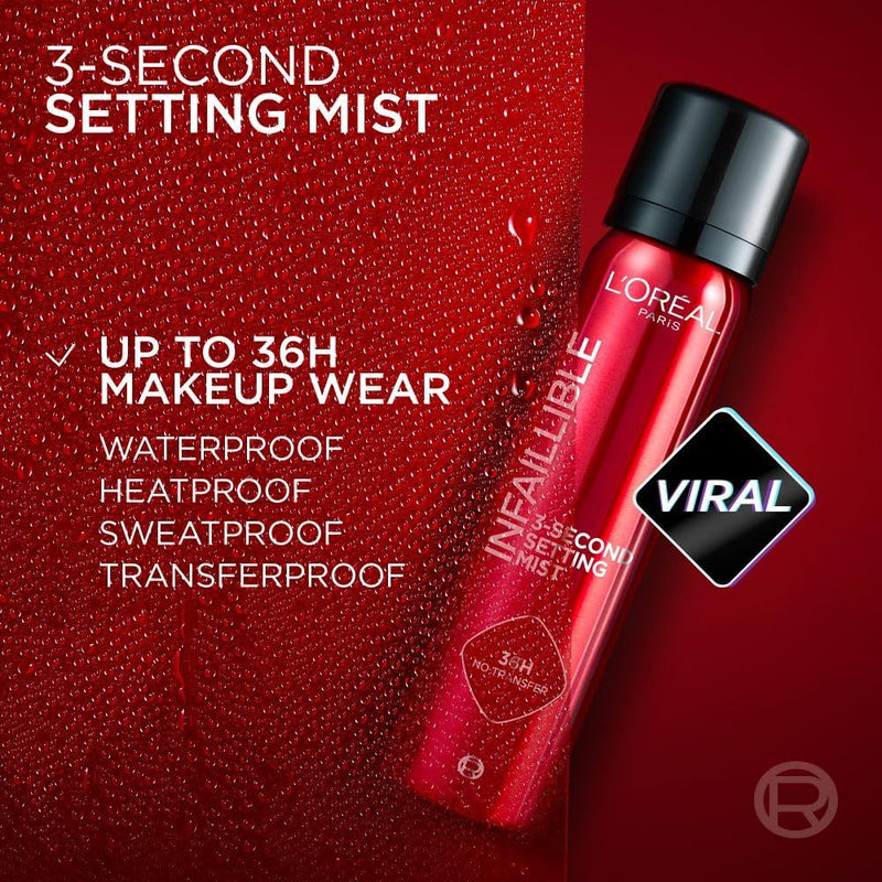 L'Oréal Paris Setting Spray, Infallible 3-Second Makeup Setting Spray Mist for Face, Up To 36 Hour Makeup Wear, Fixing Spray, Waterproof and Sweatproof, Transfer-proof and Non-sticky 75ml