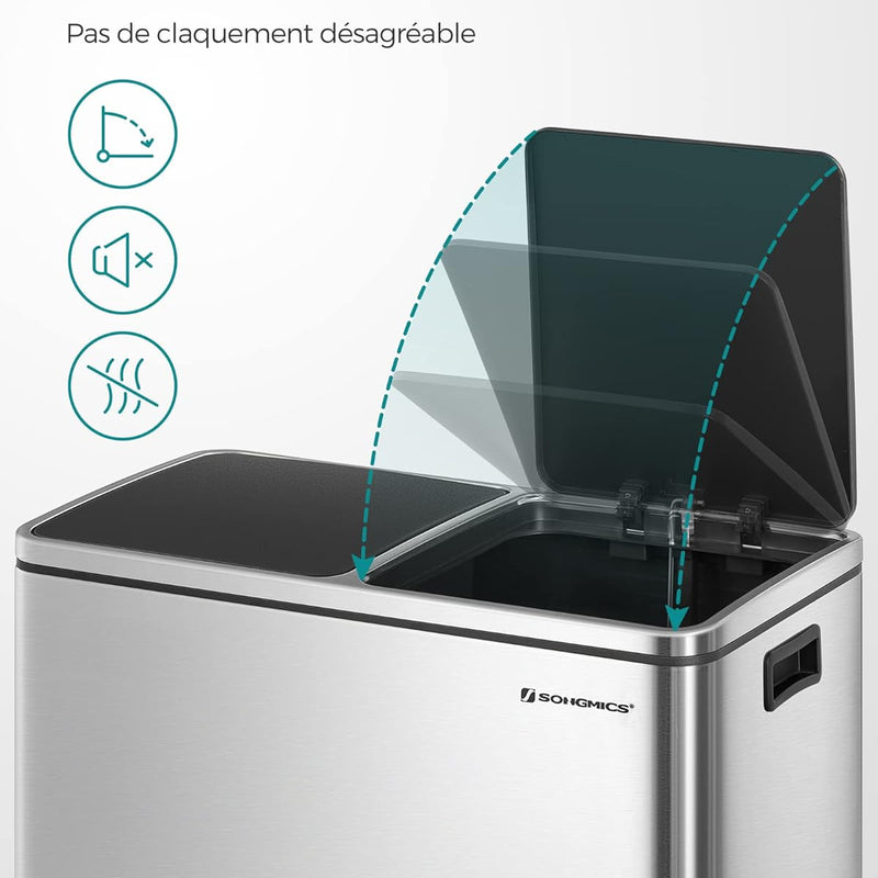 SONGMICS Poubelle à Double Compartiment 2 x 30L, avec 15 Sacs Poubelles, Pédales en Métal, 2 Seaux Intérieurs en Plastique, Couvercles, Poignées, Fermeture en Douceur, Argent et Noir LTB60NL