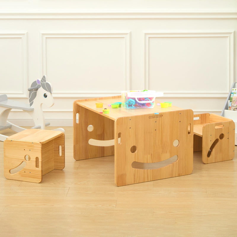 FUNLIO 2-in-1 Activity Table and 2 Chairs Solid Wood for Children 3+, Height Adjustable Game Table with 450 Blocks and Storage, Table and Chairs for Playing/Learning, CPC and CE Certified