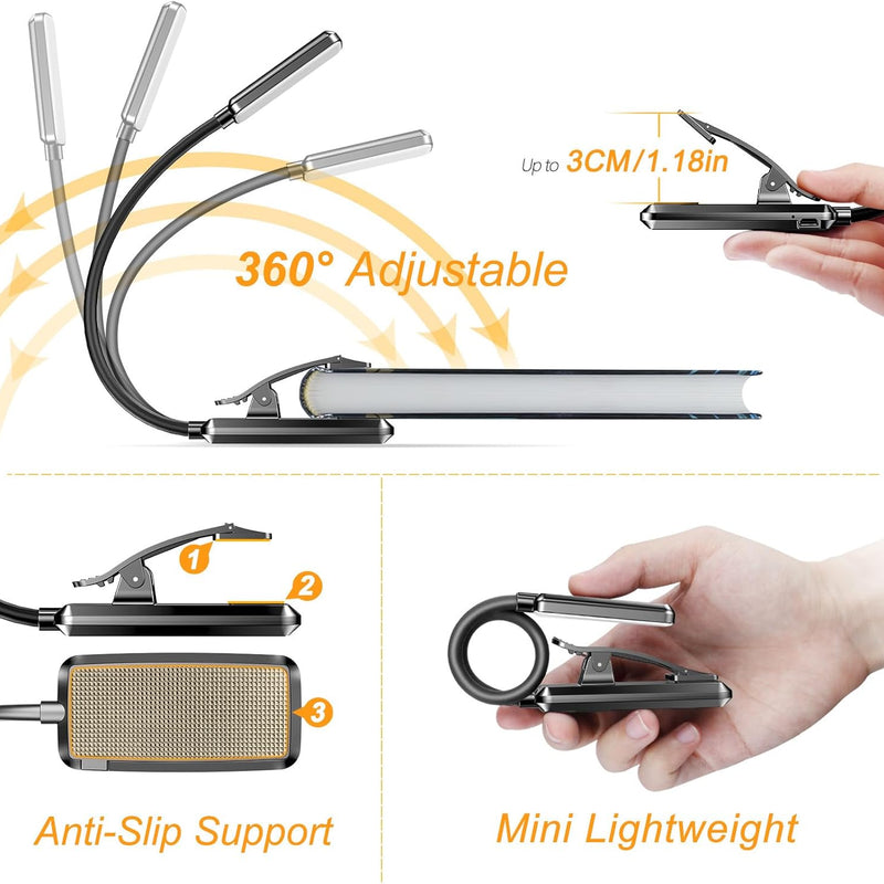 Gritin Lampe de Lecture Rechargeable, 9 LED Liseuse Lampe Clip, Gradation Progressive & 3 Modes Protection des Yeux (Blanc Froid&Chaud), 360° Cou Flexible, Indicateur, Longue Travail pour Lire au Lit