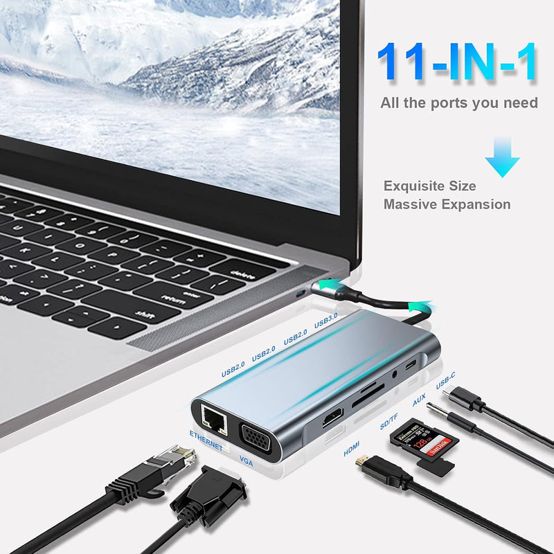 HUB USB C, Adaptateur USB C 11 en 1 avec 4K-HDMI, VGA, USB 3.0, Type C PD, Ethernet RJ45, Lecteur de Carte SD/TF, AUX 3,5 mm, Compatible avec MacBook Pro/Air, Plus Type C Dispositifs