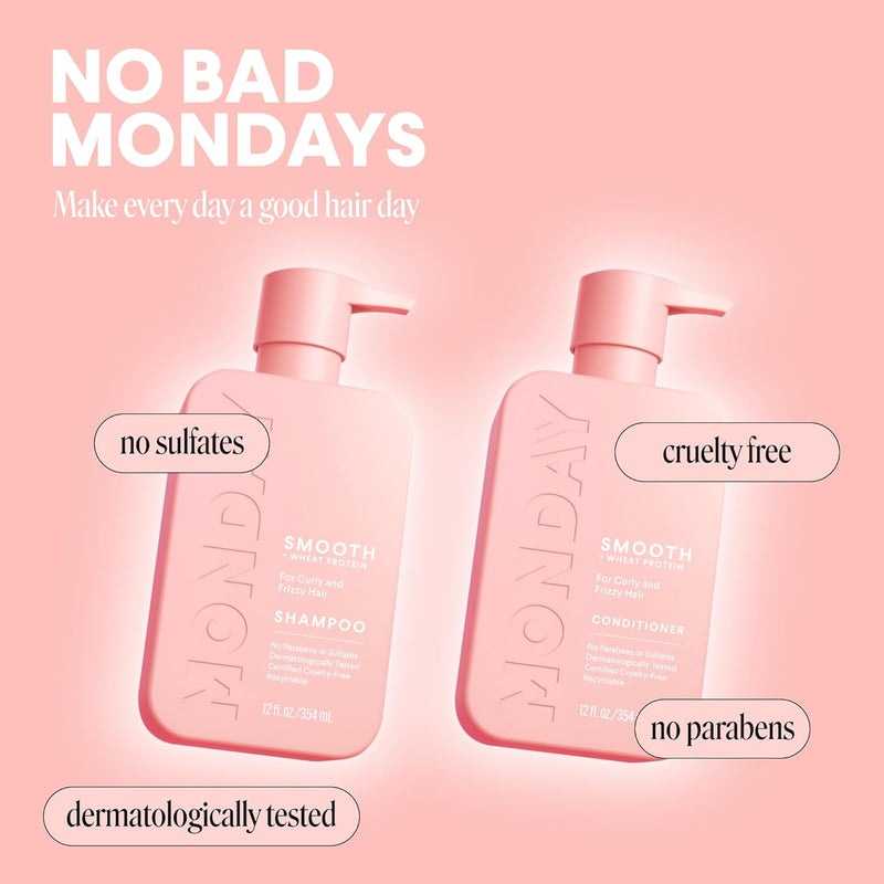 MONDAY HAIRCARE Smooth Shampoo + Conditioner Bathroom Set (2 Count) 12 oz Each For Frizzy, Coarse & Curly Hair Made with Coconut Oil, Shea Butter & Vitamin E 100% Recyclable Bottle Pink