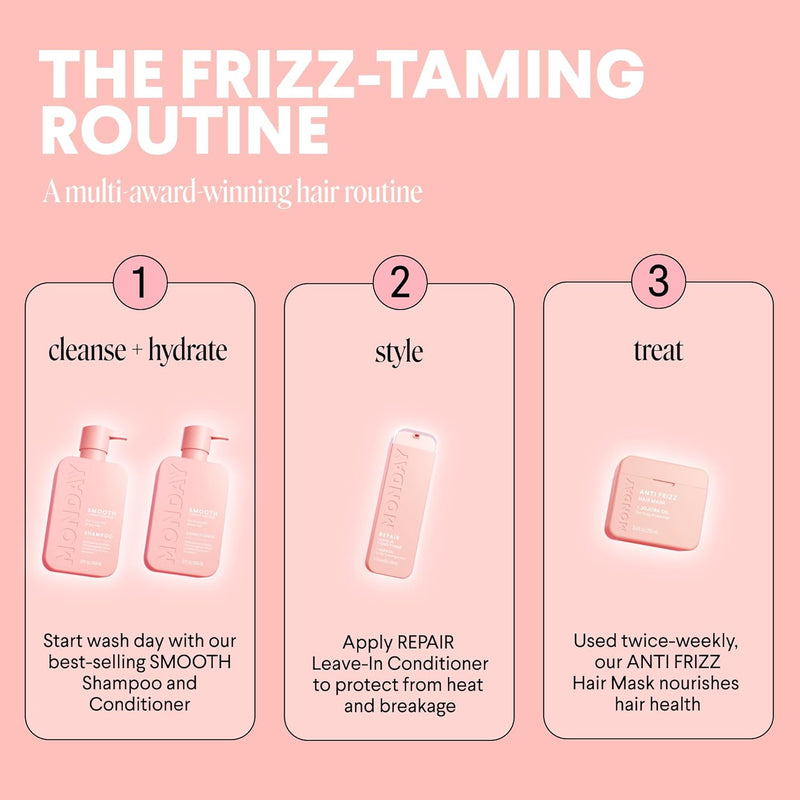 MONDAY HAIRCARE Smooth Shampoo + Conditioner Bathroom Set (2 Count) 12 oz Each For Frizzy, Coarse & Curly Hair Made with Coconut Oil, Shea Butter & Vitamin E 100% Recyclable Bottle Pink