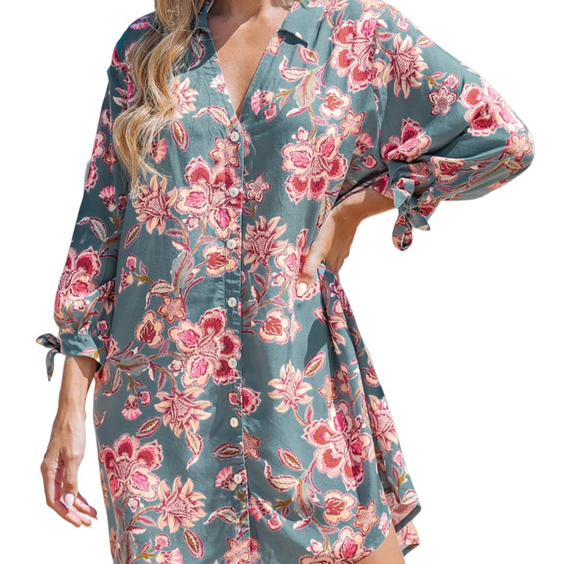 CUPSHE Women Long Sleeve Floral Button Down Shirt Dress