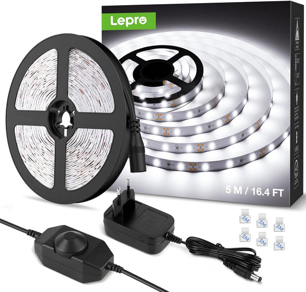 Lepro 5M Ruban LED 1200LM Blanc Froid Dimmable, 12V 6000K 300LEDs 2835, Bande LED Autocollant avec Variateur, Connecteurs+Transformateur, Eclairage Intérieur pour Meuble, Escalier, Chambre, Cuisine