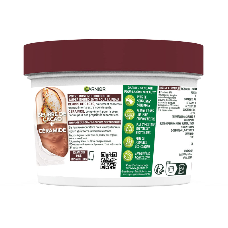 Garnier - Body Superfood - Repair Body Cream - 48H Hydration - Vegan & 97% Natural Formula - Cocoa Butter & Ceramide - For Dry Skin - 380ml