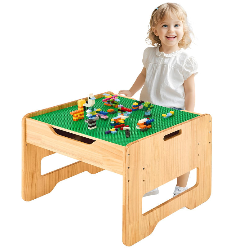 FUNLIO 2-in-1 Activity Table and 2 Chairs Solid Wood for Children 3+, Height Adjustable Game Table with 450 Blocks and Storage, Table and Chairs for Playing/Learning, CPC and CE Certified