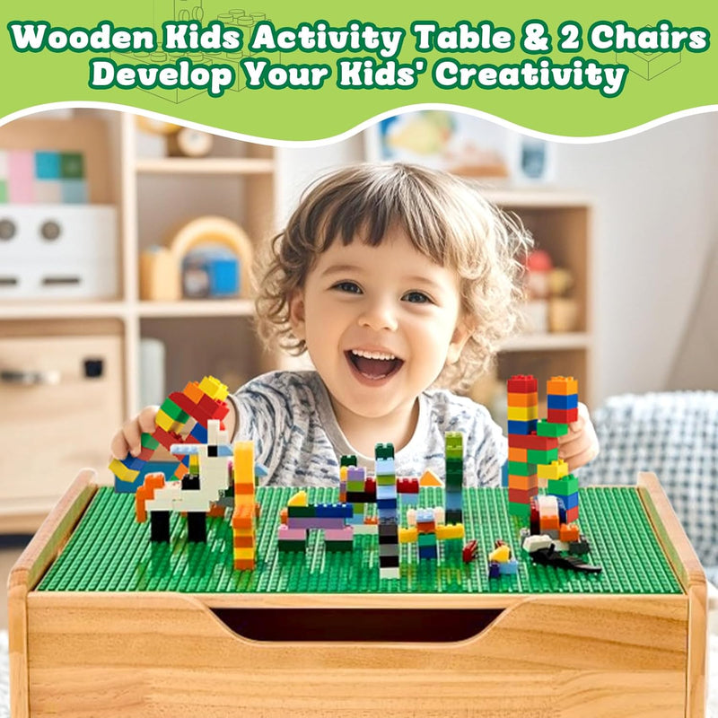 FUNLIO 2-in-1 Activity Table and 2 Chairs Solid Wood for Children 3+, Height Adjustable Game Table with 450 Blocks and Storage, Table and Chairs for Playing/Learning, CPC and CE Certified