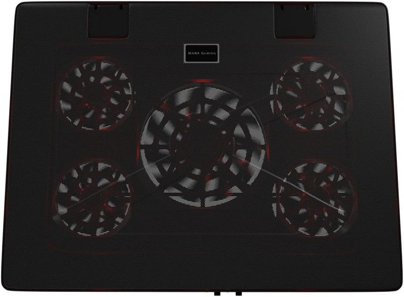 Mars Gaming MNBC2 - Base de Jeu de Refroidissement pour Ordinateurs Portables jusqu'à 17.35 '(5 Ventilateurs ultrasilents, éclairage LED Rouge, 2 x USB2.0), Noir et Rouge