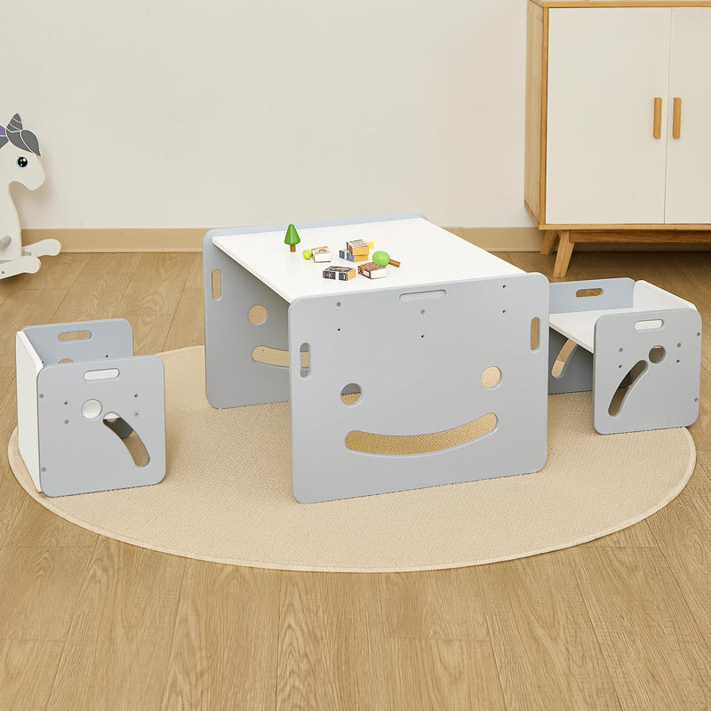 FUNLIO 2-in-1 Activity Table and 2 Chairs Solid Wood for Children 3+, Height Adjustable Game Table with 450 Blocks and Storage, Table and Chairs for Playing/Learning, CPC and CE Certified