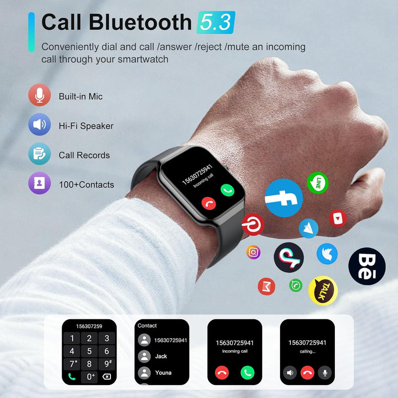 Men's Women's Smart Watch with Bluetooth Calls, 1.96 Inches Smartwatch 113+ Sports Modes IP68 with Sleep Monitor, Smart Watch with Heart Rate Pedometer for Android iOS (Black)