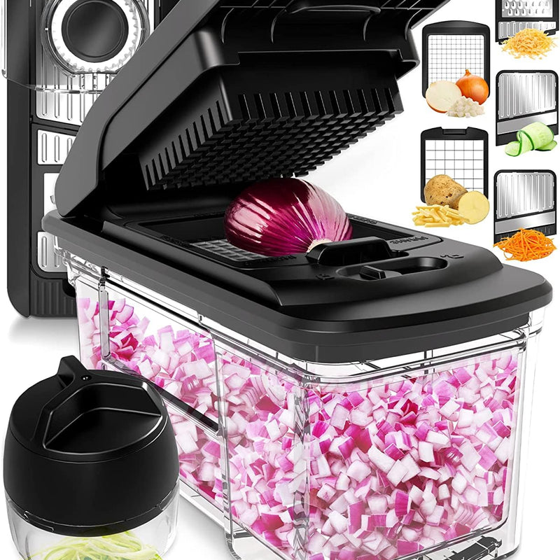 Multifunctional Vegetable Slicer and Professional Kitchen Mandolin Slicer - Vegetable Slicer - Cubes Onion Carrot, Cucumber, Tomatoes - Vegetable and Cheese Grater (Compact 6-in-1 White)