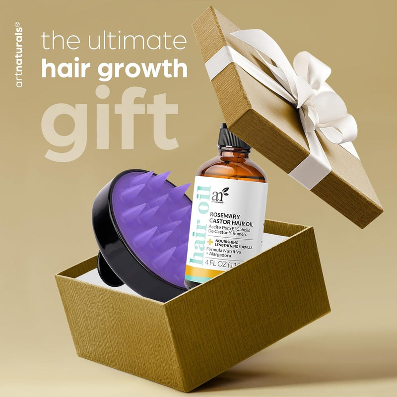 ArtNaturals Organic Rosemary & Castor Hair Growth Oil + Scalp Massager Set – Hair Relaxer for Dry, Itchy Scalp, Thickening & Hydration - Scalp Oil Products For Damaged Hair & Split Ends – 4.0 oz
