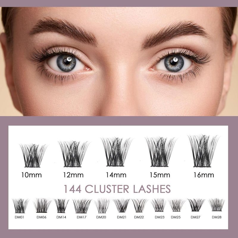 Ocean Pearl Cluster Lashes 144PCS Eyelashes 10-16mm Lash Clusters Fluffy Eyelash Extension Cluster Lashes Kit Individual Eyelash Lash Extensions Kit with Super Bond+Seal+Remover+Tweezer-DM01