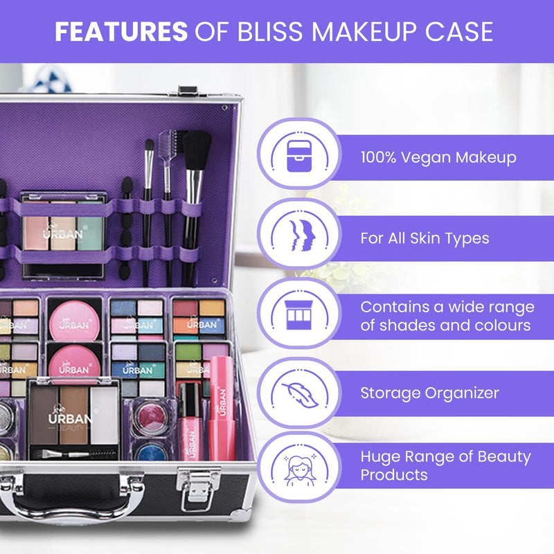 Bliss Beauty Case with Vegan Makeup Products - Beauty Case with Eyeshadow, Blush, Lipstick, Wax and Powder for Eyebrows, Brushes - Makeup Case Organizer with Aluminium Frame