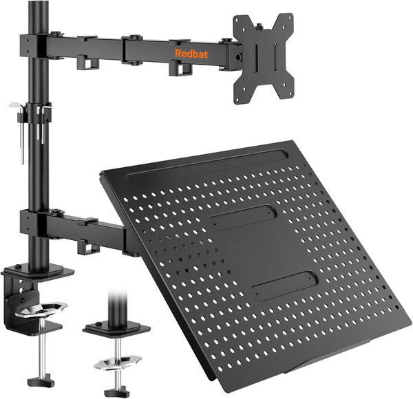 Redbat Support Ecran PC avec Plateau pour PC Portable pour Moniteur de 13 à 32 Pouces et Ordinateur Portable jusqu'à 16”, Support PC Portable Ergonomique Pivotant et Rotation, 2 Options de Montage